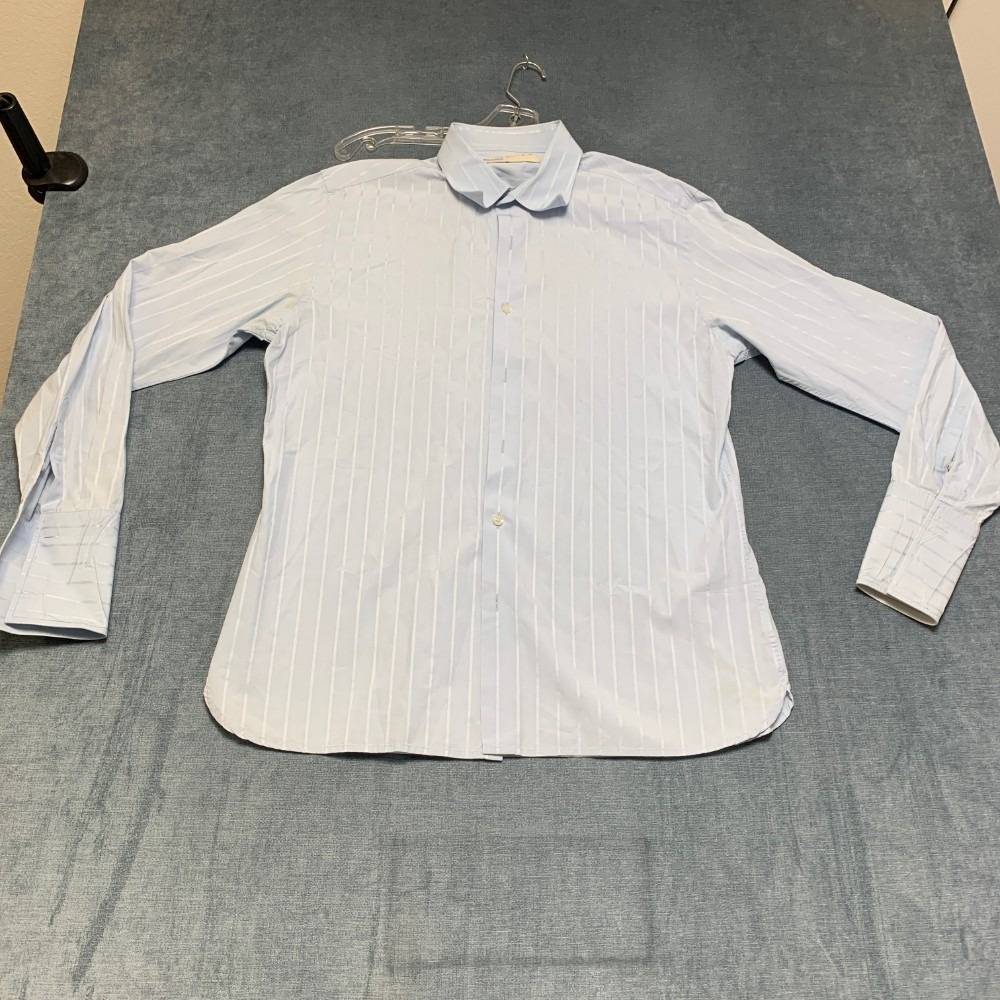 Perry Ellis Shirt Men Large Light Blue Striped Cotton Button Up Casual Round Hem